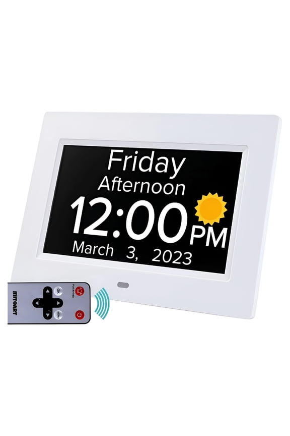 Digital Calendar Day Alarm Clocks for Seniors,7" Dementia Clocks with 8 Alarms,Remote Control,and Push for Help Button,Gifts for Alzheimer,Elderly or Impaired Vision (White)