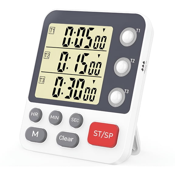 GJX Digital Dual Kitchen Timer,3 Channels Countdown Triple Timer for Cooking,Magnetic Memory-Preset Large Display Adjustable Alarm Volume,Multi Times Management,3A Battery Included,White