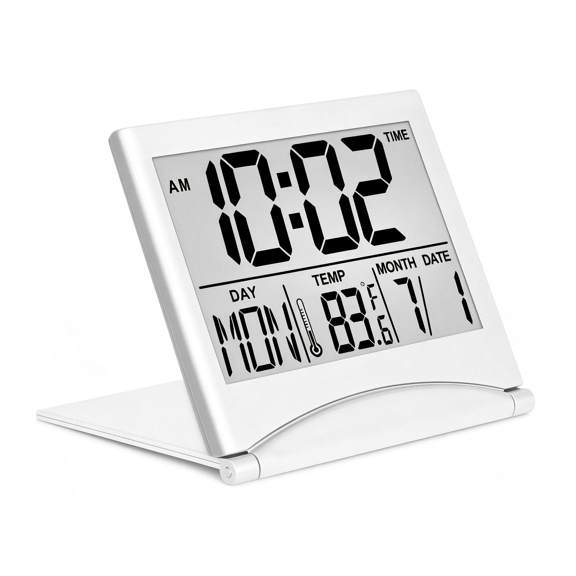 GJX Digital Travel Alarm Clock - Foldable Calendar Temperature Timer Lcd Clock with Snooze Mode - Large Number Display, Battery Operated - Compact Desk Clock(Silver, No Backlight)