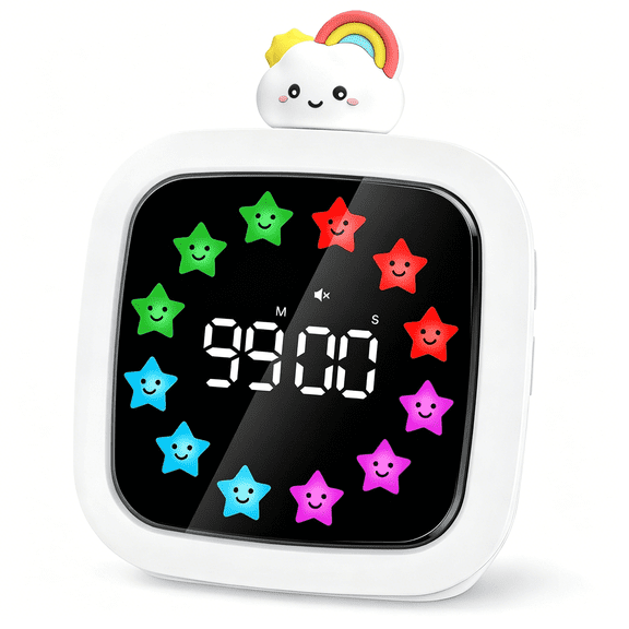 GJX Digital Visual Timer for Kids, Rechargeable 99-Minute Silent Countdown Timer with 19 Ringtones, 9 Optional Diy Color Star Display, Time Management Tool with Pause Function (Rainbow)