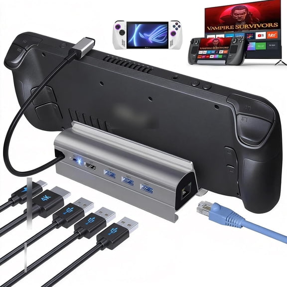 GJX Docking Station for Steam Deck Ally, 6 in 1 Dock with 4K@60Hz, Ethernet, 3 Usb-A, 100W Usb-C for Steam Deck