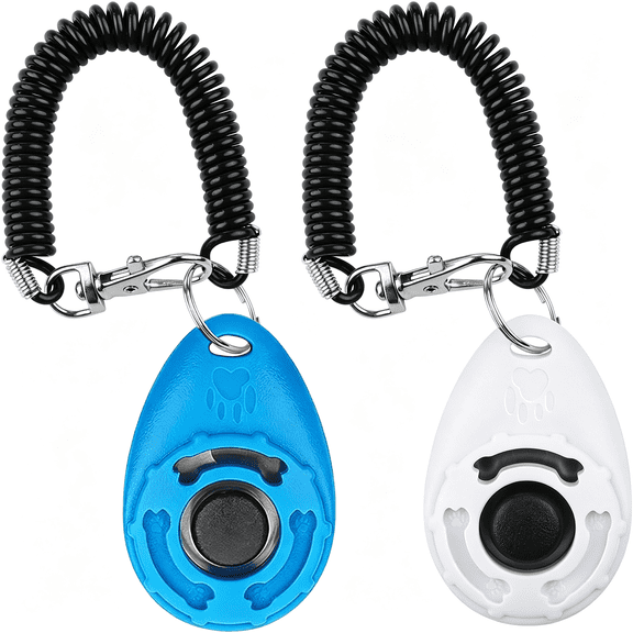 GJX Dog Clicker for Training, 2 Pack Dog Training Clicker, Clicker Dog Training with Wrist Strap, Pet Training Clicker, Perfect for Dog Cat Puppies Behavioral Training (Blue and White)
