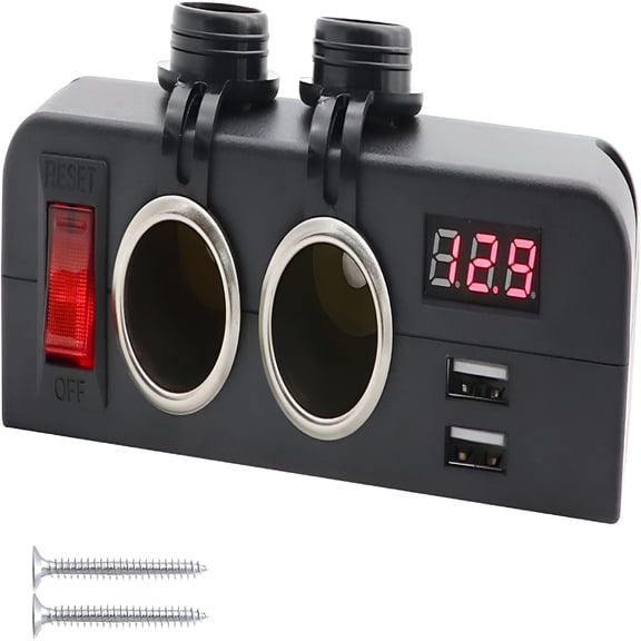 GJX Dual USB Socket Charger and Dual 12V Power Outlet Cigarette Lighter Splitter Adapter with LED Voltmeter On/Off Switches for Car, RV, Truck, Marine, Boat, Camper, Vehicles