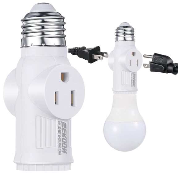 GJX E26 Light Socket to Plug Adapter, 3-Prong Outlet and Bulb Holder Converter, Screw-In Lamp Socket for Garage Porch Utility Areas, White