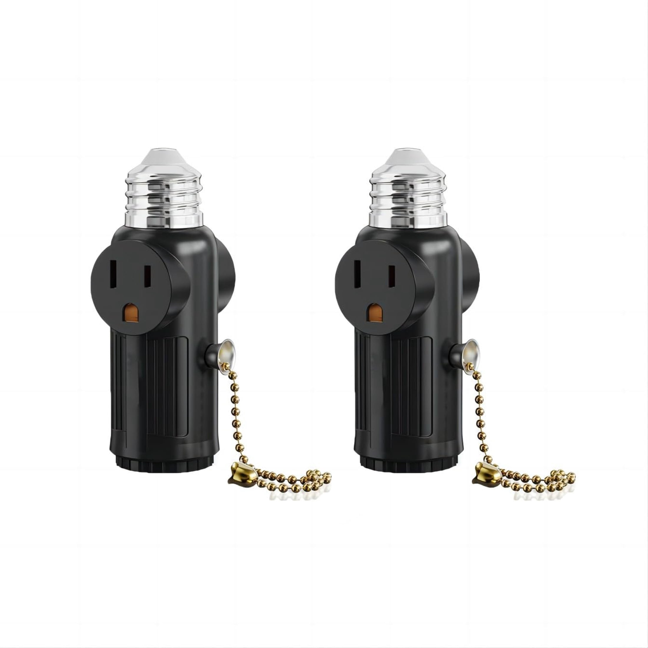 GJX E26 Light Socket to Plug Adapter with Pull Chain - Three-Prong Light Bulb Adapter Socket - Ideal for Attics, Basements, Workshops - Pack of 2