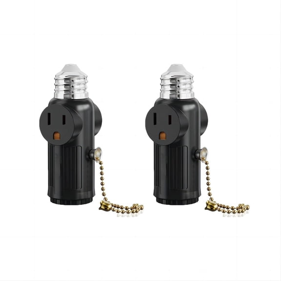 GJX E26 Light Socket to Plug Adapter with Pull Chain - Three-Prong Light Bulb Adapter Socket - Ideal for Attics, Basements, Workshops - Pack of 2