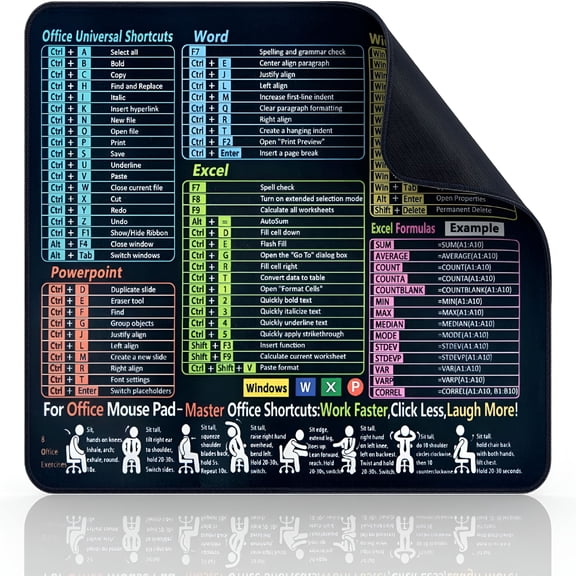 GJX Excel Shortcuts Mouse Pad, 11.8x9.8 Inch Desk Mat with Keyboard Guide for Word PowerPoint, Non-Slip Waterproof Computer Pad, Office Productivity Tool with Posture Exercises, Black