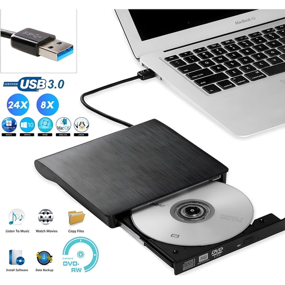 GJX External CD DVD Drive USB 3.0 Portable DVD/CD+/-RW Player Burner with Slot-in Design, Compatible with Laptop PC Mac Windows 10/8/7/Vista/XP, Aluminum Alloy External Optical Drive