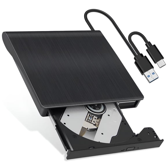 GJX External CD DVD Drive USB 3.0 & USB-C, Portable Optical Disk Reader Burner for Laptop Mac PC, Plug and Play DVD/CD RW Player for Windows 11/10, Black