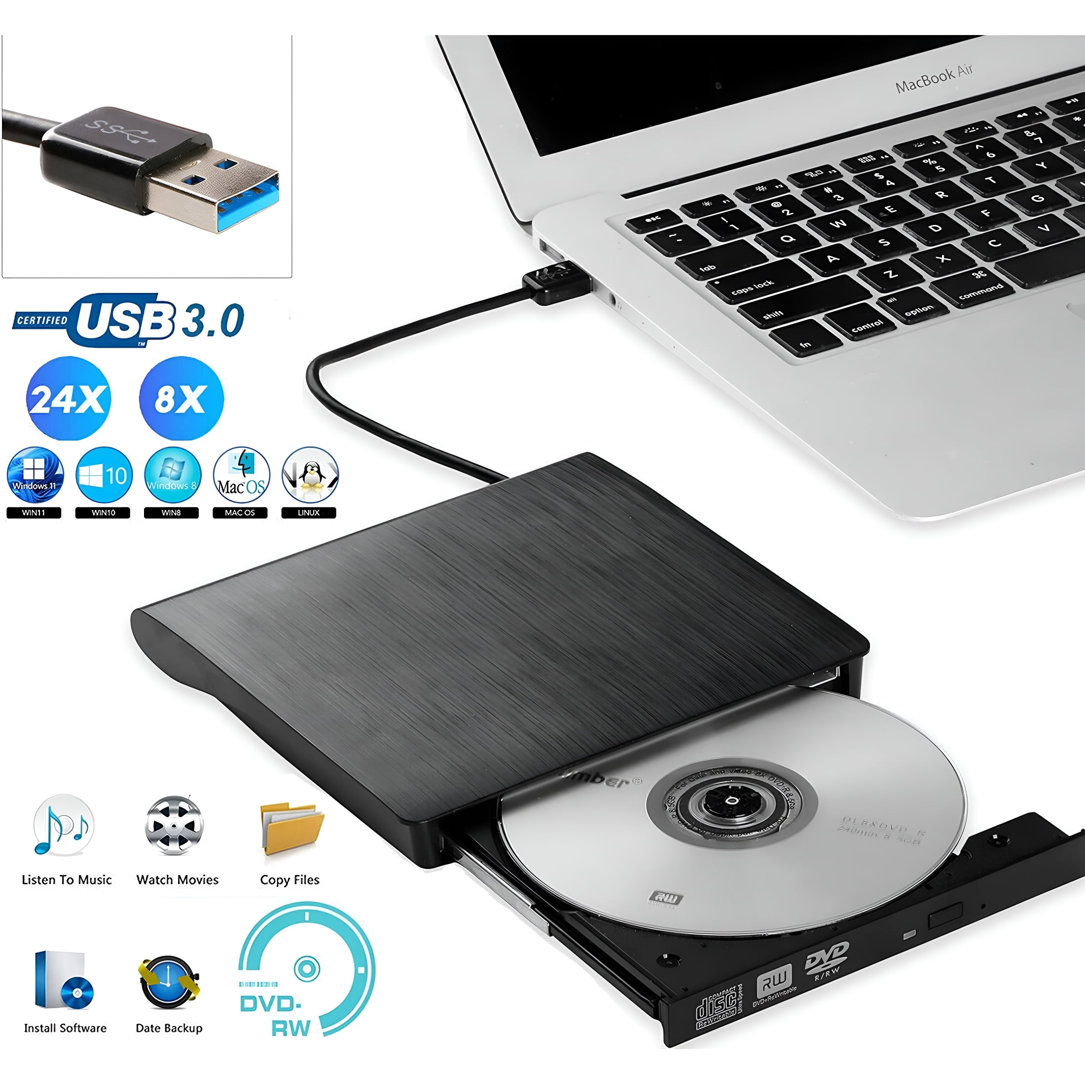 GJX External Cd Dvd Drive with Usb 3.0 Portable Dvd/Cd+/-Rw Player ...