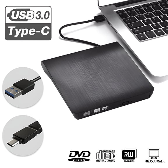 GJX External DVD Drive, USB 3.0 & USB C Portable CD/DVD +/-RW Drive/DVD Player for Laptop CD ROM Burner Compatible with Laptop Desktop PC Windows Linux OS Mac Black