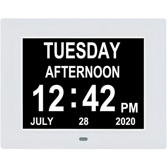 GJX Extra Large Digital Calendar Clock for Seniors, 7 Inch Day Time Date Display with 8 Alarms, Adjustable Brightness, Wall Mount or Tabletop, White