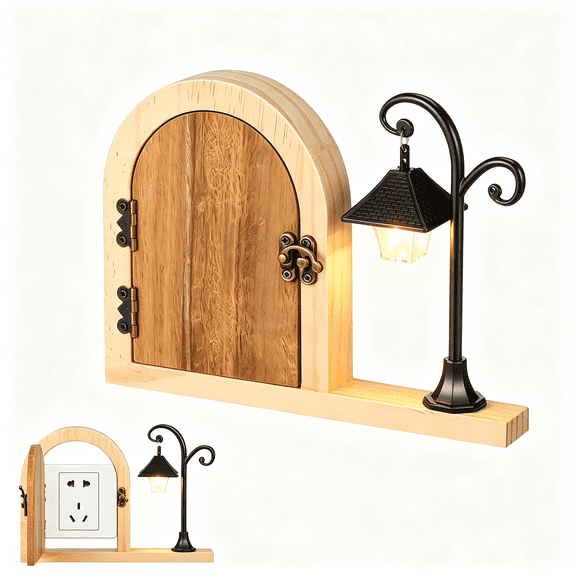 GJX Fairy Door Outlet Cover Plate Wooden Socket Protector with Glowing Night Light for Room Aesthetic Electrical Outlet Safety for Pets Fairy Door Outlet Cover