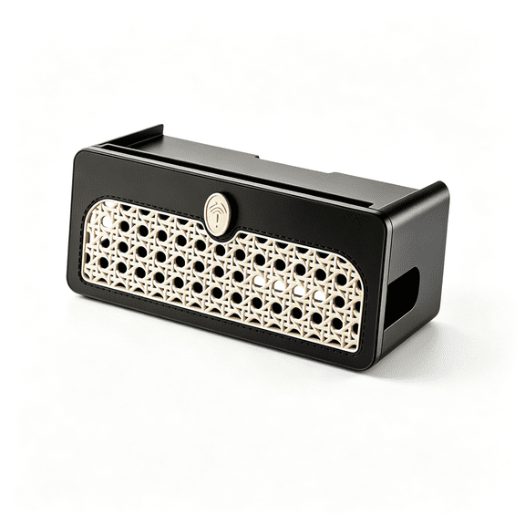 GJX Faux Rattan Cable Management Box, Stylish Rattan Cable Management Box, Black | Decorative Power Strip Cover with Lid, Large Cord Organizer, for Surge Protector