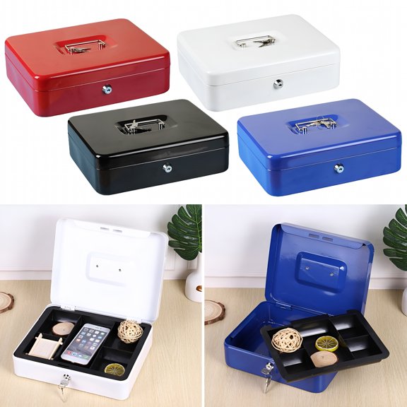 GJX Fireproof Metal Money Box with Lock and 2 Keys - Shockproof Steel Cash Storage Box with Interior Drawer and 5 Compartments, Portable Locking Box for Home Office Car, Secure Valuables Organizer