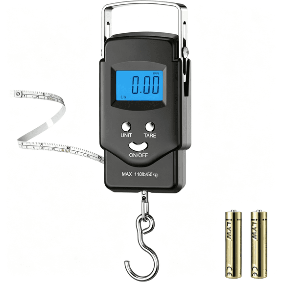 GJX Fish Scale Luggage Scale Fishing Gear - 110Lb Backlit Lcd Display Digital Scale with Built-In Measuring Tape - Fishing Scale with 2 Aaa Batteries,Pocket Size - Fishing Gifts for Men