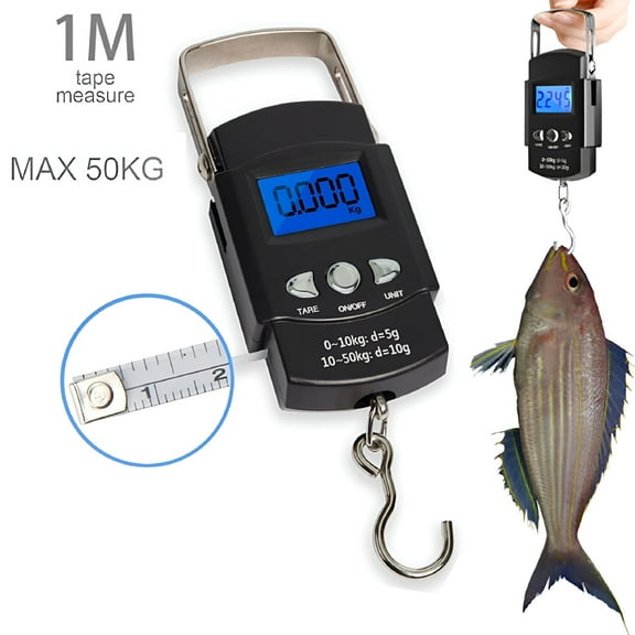 GJX Fish Scales, Portable Luggage Weight Scale with Backlit LCD Display 110lb / 50kg Electronic Balance Fishing Postal Hanging Hook Scale with 3.28 ft Measuring Tapes
