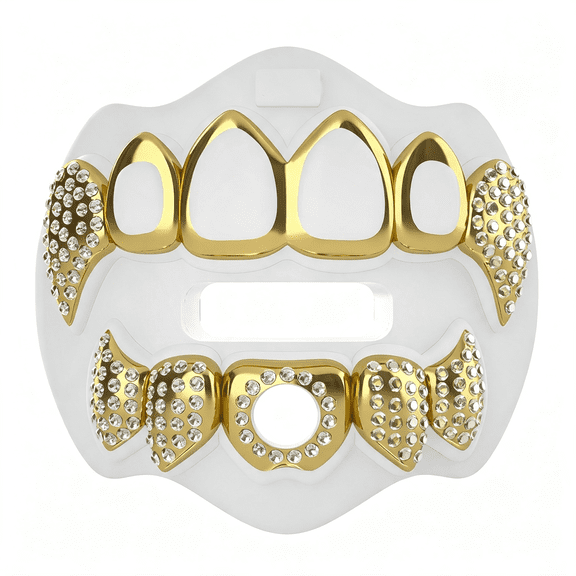 GJX Football Mouth Guard - 3D Chrome Grillz Football Mouthpiece,Fits Adult & Youth,Mouth Guard Accessories (3D Grillz Bling - Chrome White/Gold)