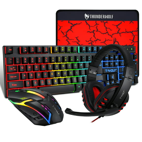 GJX Four-Piece Gaming Combo 104 Keys Keyboard, 4-Color Breathing Light Mouse, 3.5mm Gaming Headset, Anti-Slip Mouse Pad - 4 in 1 Value Combo Set