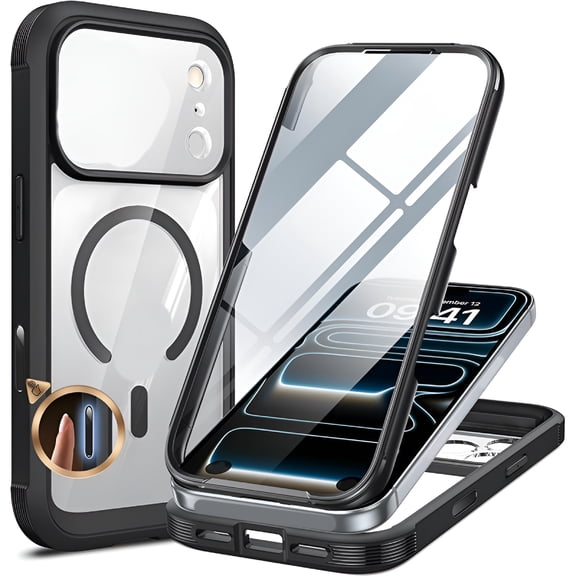 GJX Full-Body Phone Case with Built-In Glass Screen Protector & Full Camera Protector, Camera Control [Magnetic, Drop Proof Cover, Black