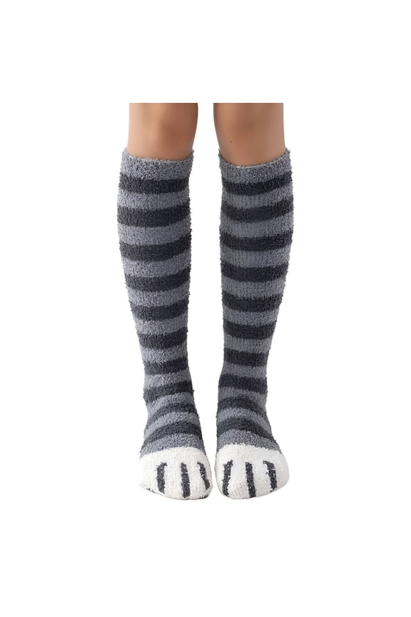 Fuzzy Socks for Women Cozy Warm Coral Fleece Knee High Socks Cat Stripe Cute Winter Slipper Sock Thick Bed Sock Girls Stocking Dark Gray
