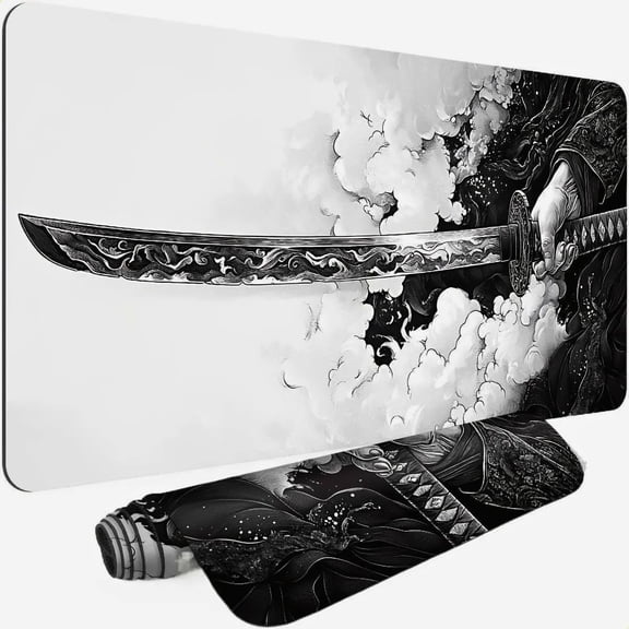 GJX Gaming Mouse Pad Cinematic Samurai Sword-31.5X11.8 Hd Print Japanese Art Desk Mat for Pro Gaming & Minimalist Office,Non-Slip,Stitched Edges,Black and White