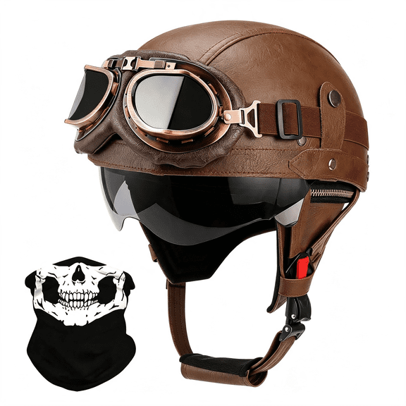 GJX German Style Leather Motorcycle Half Helmet for Adults Men Women, Dot Approved Vintage Cap Half Face Shell Motorcycle Helmets for Cruiser Chopper+Goggles