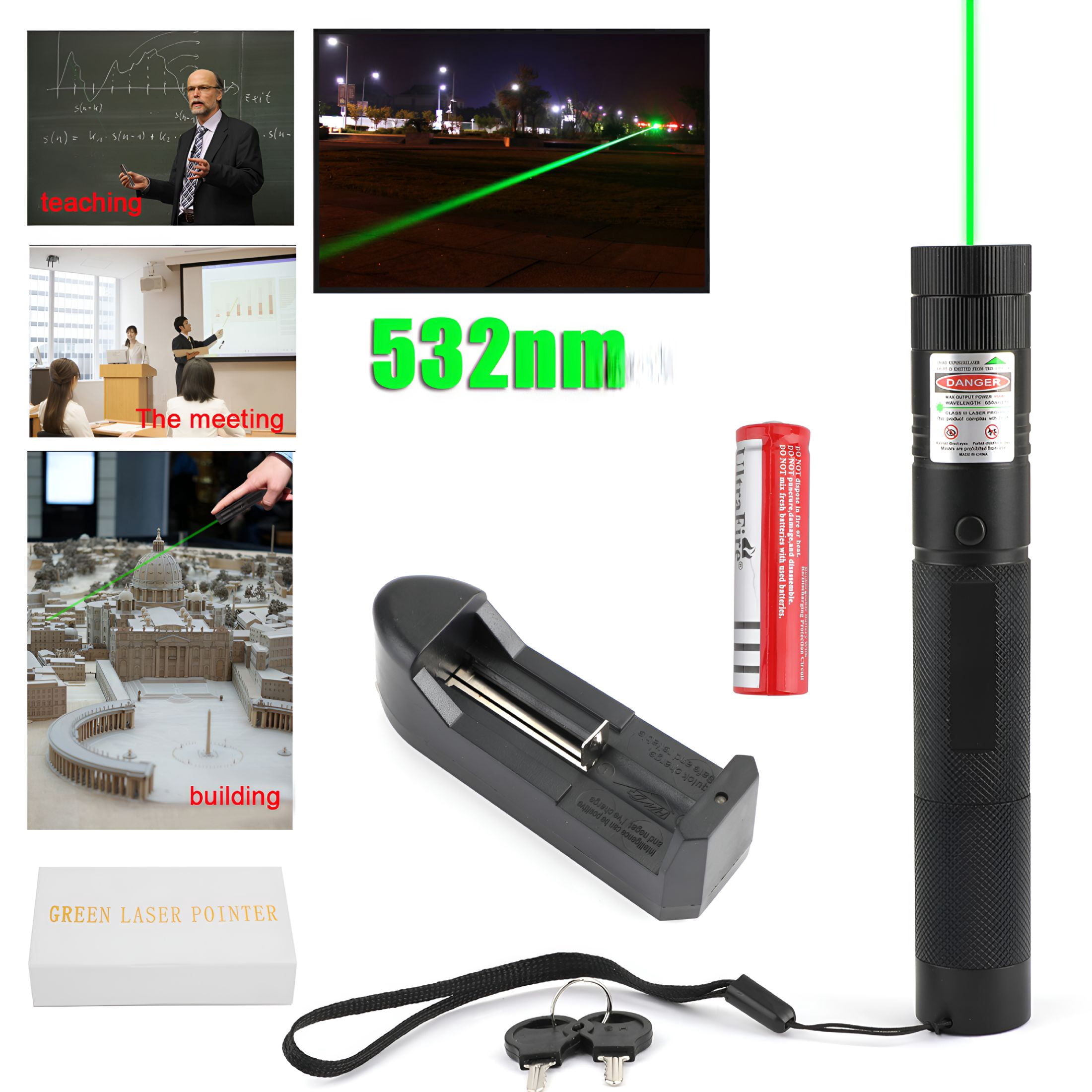 GJX Green Laser Pointer Pen with 18650 Charger For Universal 500Mile 532nm 303 Series