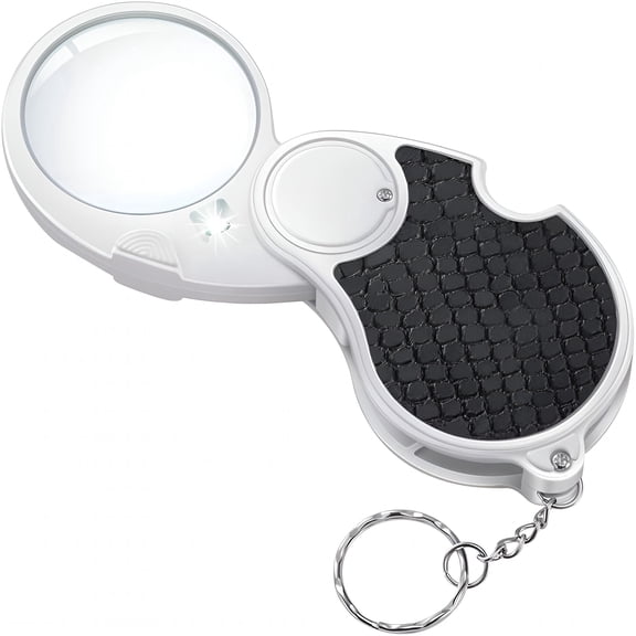 GJX Handheld Magnifying Glass with LED Light, 45mm Folding Pocket Magnifier for Reading Coins Jewelry Hobby, Illuminated Portable Loupe with Batteries Included for Travel and Detailed Inspection
