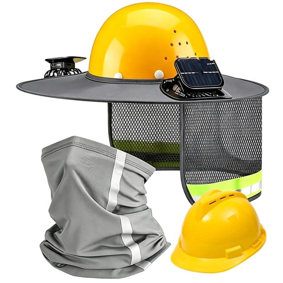 GJX Hard Hat Sun Shade, Hard Hat Visor Full Brim with Solar Fan, High Visibility Mesh Hardhat Shield with Neck Gaiter Reflective Strip for Construction Summer Protection (Light Grey)