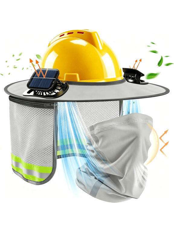 Hard Hat Sun Shade,Hard Hat Visor Full Brim with Solar Fan,High Visibility Mesh Hardhat Sun Shield with Neck Gaiter,Reflective Strip for Workers Outdoor Summer Protection