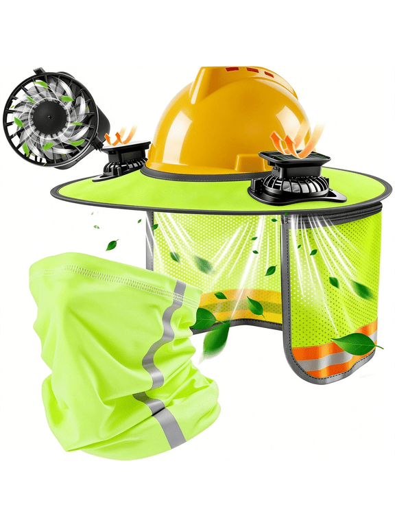 Hard Hat Sun Shade Kit with Dual Solar Fans and Detachable Cape, Ice Silk Neck Gaiter with Reflective Strips, Full Brim Visor Cooling System for Construction Workers Outdoor Summer Protection