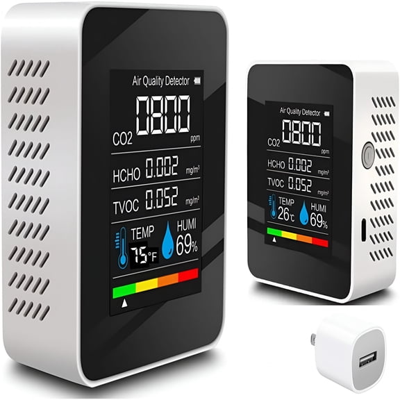 GJX Indoor Air Quality Monitor, Professional Portable Detector & Accurate CO2, TVOC, HCHO, Humidity & Temperature Particle Counter, for Home, Office, Plants and Pets, 5-in-1 Air Detector
