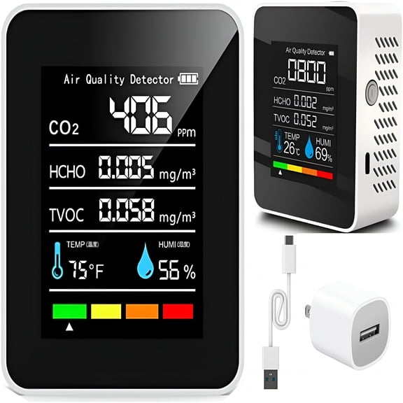 GJX Indoor Air Quality Monitor, Professional Portable Detector & Accurate CO2, TVOC, HCHO, Humidity & Temperature Particle Counter, for Home, Office, Plants and Pets, 5-in-1 Air Detector (White)