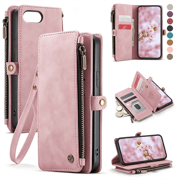 GJX for Iphone 16E/17E Case Wallet with Rfid Blocking Card Holder Slots for Women Men,Elegant Pu Leather Magnetic Snap Flip Wristlet Strap Zipper Wallet Phone Cases for Iphone 17E&16E,Pink