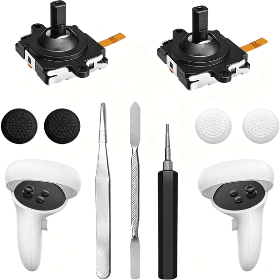 GJX Joystick Replacement Kit for 2/3 Controller,Repair Kit for Quest 2/3 Controller,Include 2 Joysticks,T5 Screwdriver,Tweezer,Pry Tool,4 Thumbstick Grips (Black-11-In One)