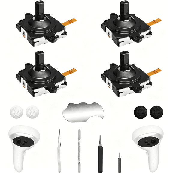 GJX Joystick Replacement Kit for Oculus Quest 2 Controller,Repair Accessories for Quest 3 Controller,Include 2 Joysticks,T5 Screwdriver,Tweezer,Pry Tool,4 Thumbstick Grips