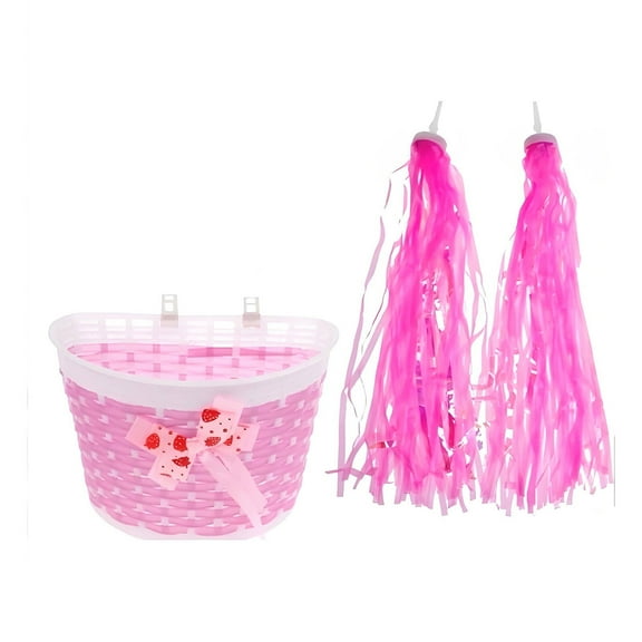 GJX Kids Scooter Basket,Cute Woven Bike Basket Scooter Front Basket for Kids,Colorful Fluttering Ribbons Lightweight Long-lasting Design Kids Skateboard Basket,Pink