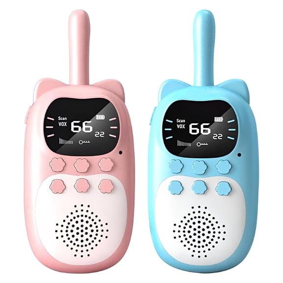 GJX Kids Walkie Talkies for Boys Girls, 22 Channels Long Range Radio, Cartoon Design Outdoor Toys for Camping Hiking, Family Communication, Blue Pink, Ages 3+