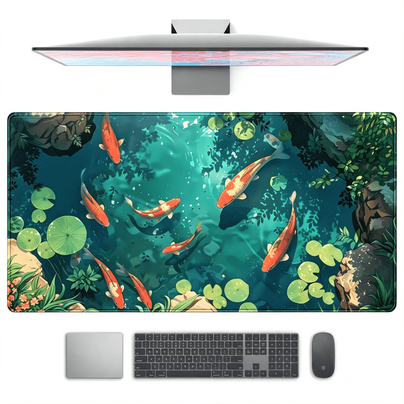 GJX Koi Fish Desk Mat Gaming Koi Pond Desk Pad Large Cute Mouse Pad, Goldfish Mouse Mat Xxl Laptop Keyboard Pad, Blue Waters Gamer Mouse Pad Full Mousepads Cool Office Accessories 31.5"X15.7"