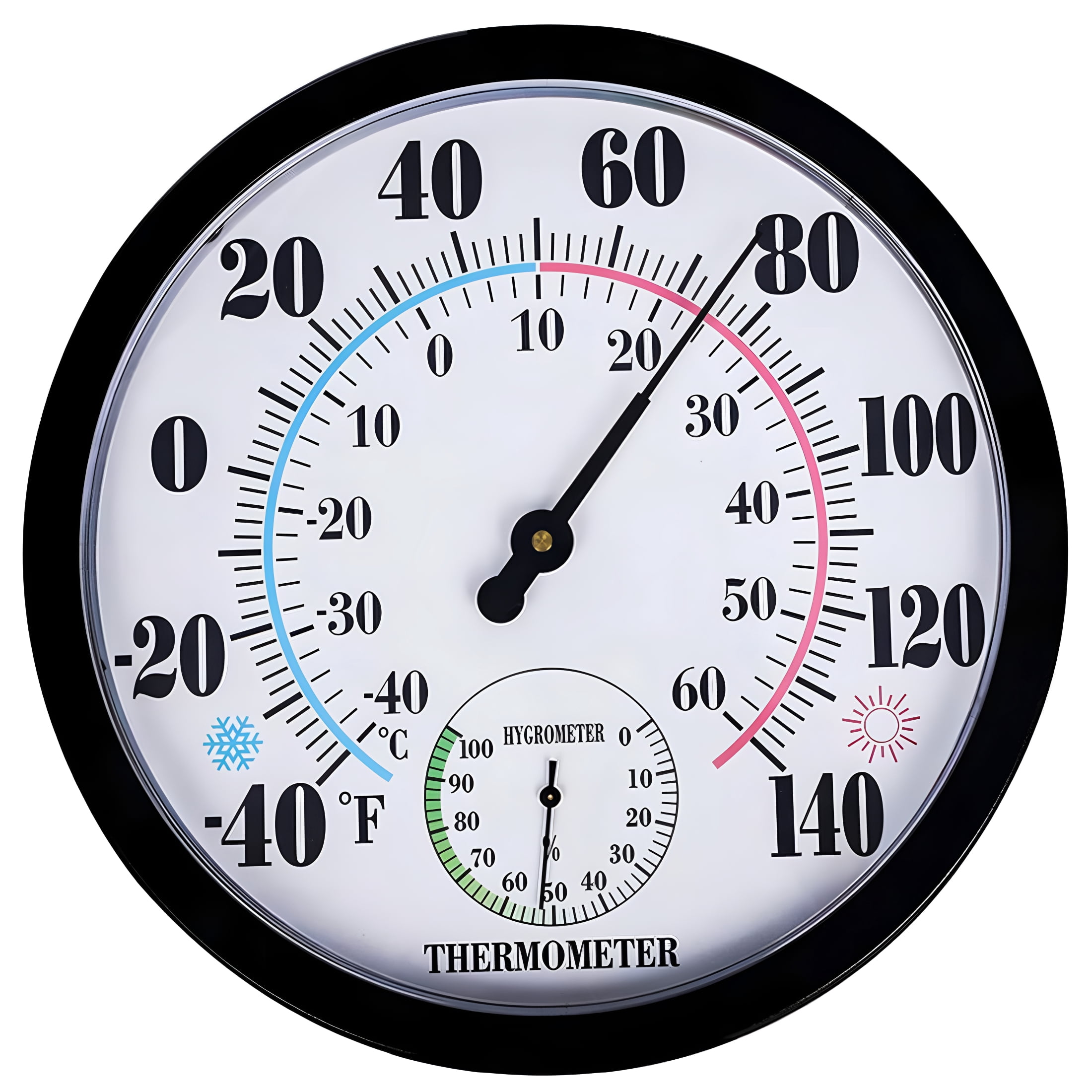 GJX Large Indoor and Outdoor Thermometer Hygrometer - 10In Waterproof Wall Mounted Thermometer, No Batteries Required (Black)