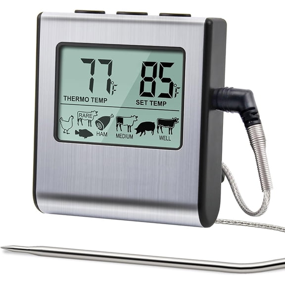 GJX Large Lcd Digital Cooking Food Meat Thermometer for Smoker Oven Kitchen Bbq Grill Thermometer Clock Timer with Stainless Steel Temperature Probe