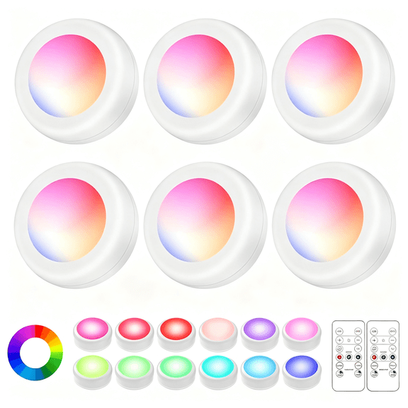 GJX Led Puck Lights with Remote Control, Wireless under Cabinet Lighting,Color Changing Lights with Dimmer and Timer, Aaa Battery Operated Powered Push Night Lights (6 Pack White)