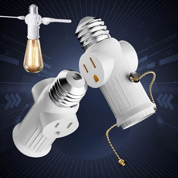 GJX Light Socket to Plug Adapter 2 Pack, E26 Pull Chain Outlet Converter with 2 3-Prong Receptacles, Polarized Light Bulb Socket Extender for Garage Living Room Workshop
