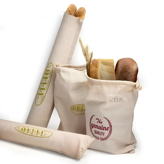 GJX Linen Bread Bags with Tie, Pack of 4 Natural Unbleached Bread Bags, Reusable Drawstring Bag for Loaf, Baguette and Homemade Bread Storage