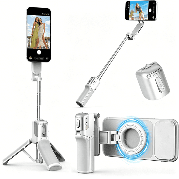 GJX Magnetic Mini Selfie Stick Tripod for Iphone & Android, 19" Pocket Size 4-In-1 Phone Tripod with Detachable Wireless Shutter Remote & Ergonomic Grip, for Vlogging (Up-White)
