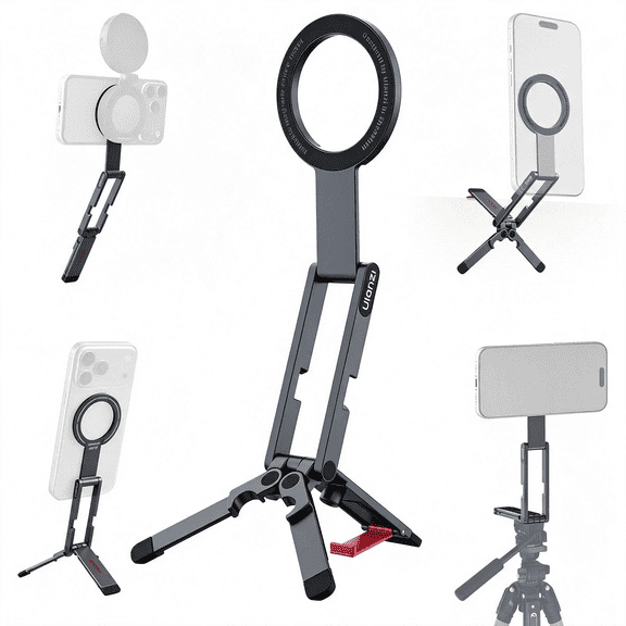 GJX Magnetic Phone Tripod Stand, Ultra-Slim 0.33In Pocket-Sized Foldable Kickstand, N52 Magnet Aluminum Alloy Mantis Hook Desktop Mount, 2.22Oz Portable Mini Tripod for Iphone Android
