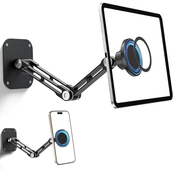 GJX Magnetic Wall Mount for Tablets, Aluminum Dual-Arm Holder with 360 Rotation, Foldable Bracket for 4.7-13" iPad Pro Air Mini, Phones, Strong Magnet