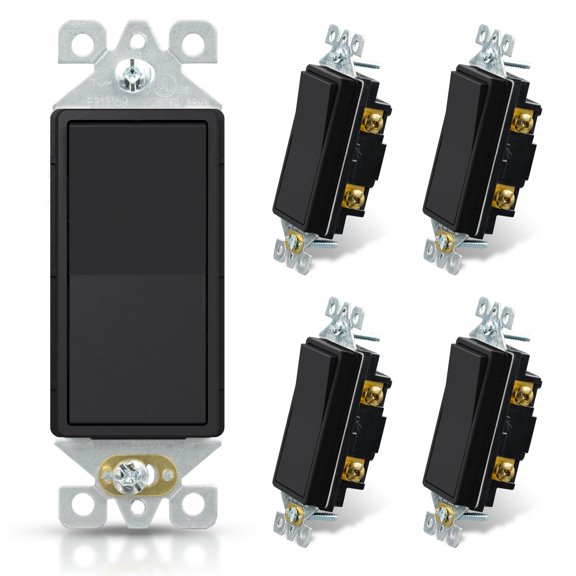 GJX Matte Black Single Pole Decorator Light Switch, 15Amp, 120-277V, Decorative Paddle Rocker Switch Replacement, Off Wall Switch, Self-Grounding, Residential/Commercial Grade