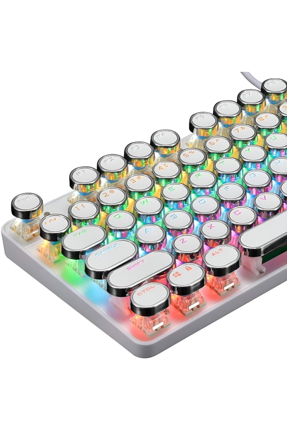 Mechanical Gaming Keyboard Typewriter Style with RGB LED Rainbow Backlit Blue Switch Retro Steampunk Round Keycaps for Windows Gaming PC (87 Keys)